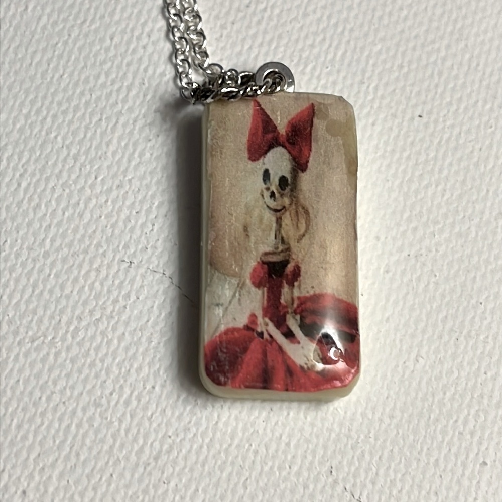HOLIDAY Party Skeleton Girl with bow Necklace Vintage Upcycled Domino